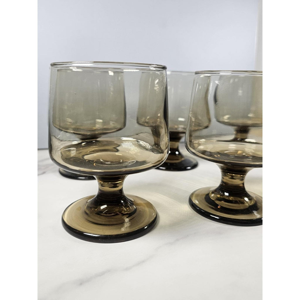 Mid Century Smokey Glass Goblets Set of 6 Vintage Footed Wine Glasses