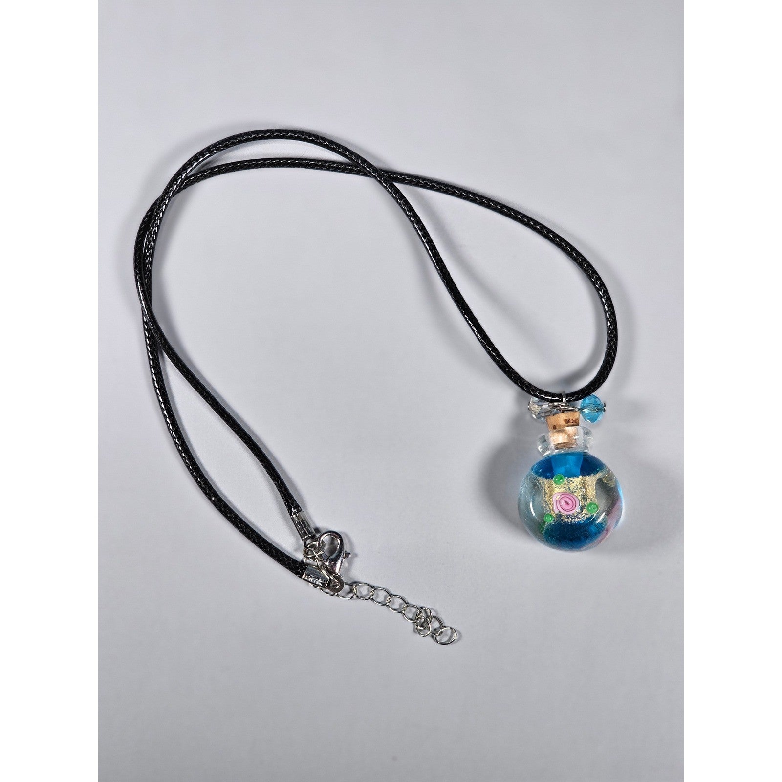 Glass Bottle Pendant Necklace Blue Floral Cork Vial Charm Necklace