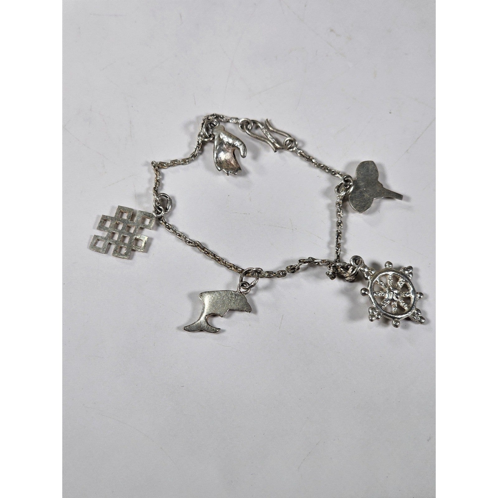 Vintage Silver Charm Bracelet Dolphin Clover Nautical Theme