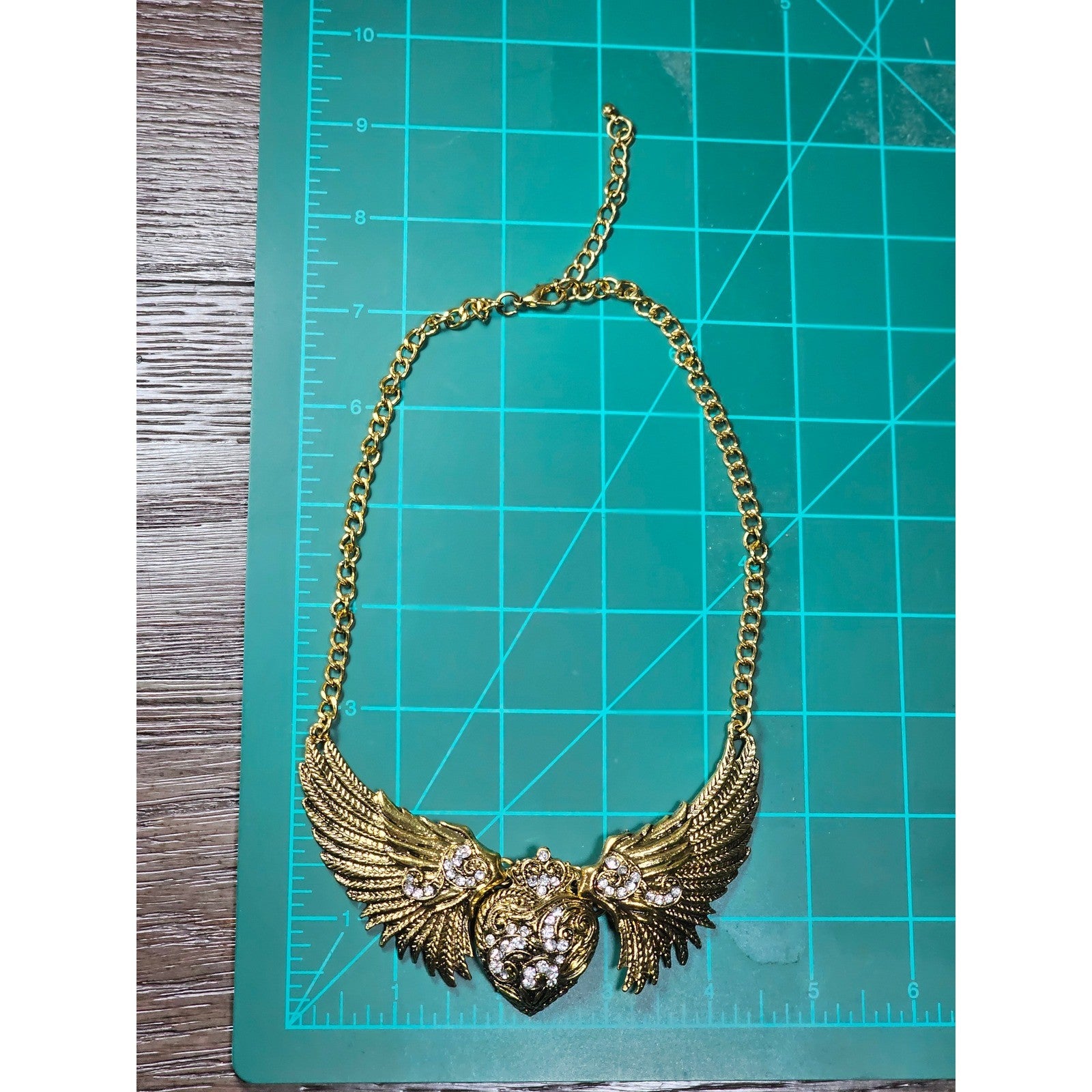 Vintage Gold Tone Winged Heart Rhinestone Statement Necklace