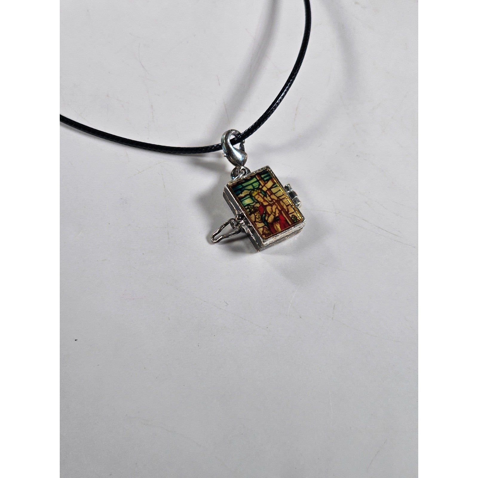 Vintage Stained Glass Locket Necklace Religious Pendant Charm