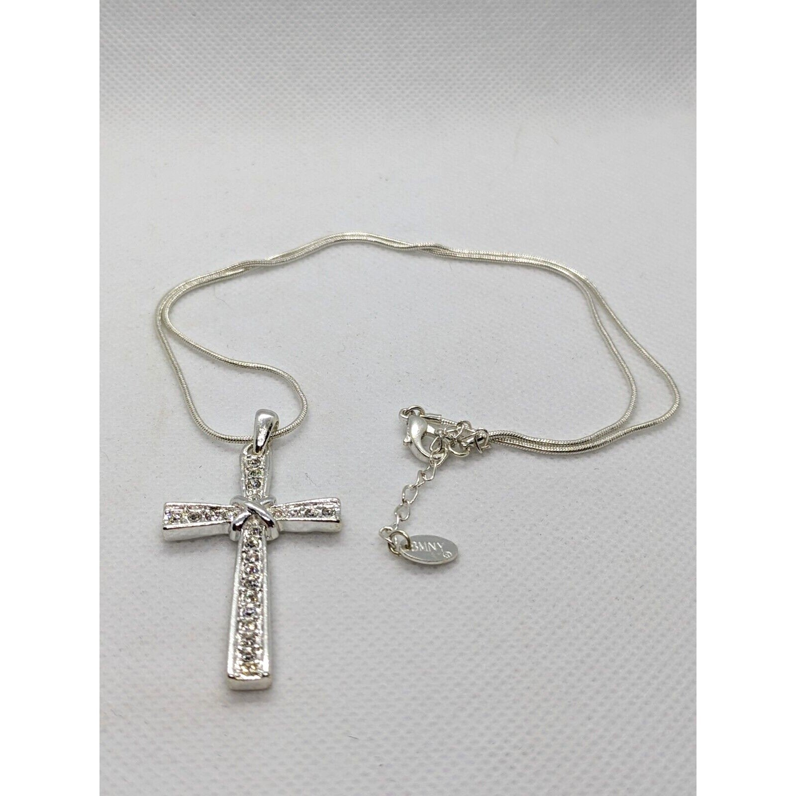 BMNY Silver Plated CZ Cross Necklace 18 Inch Chain Religious Jewelry