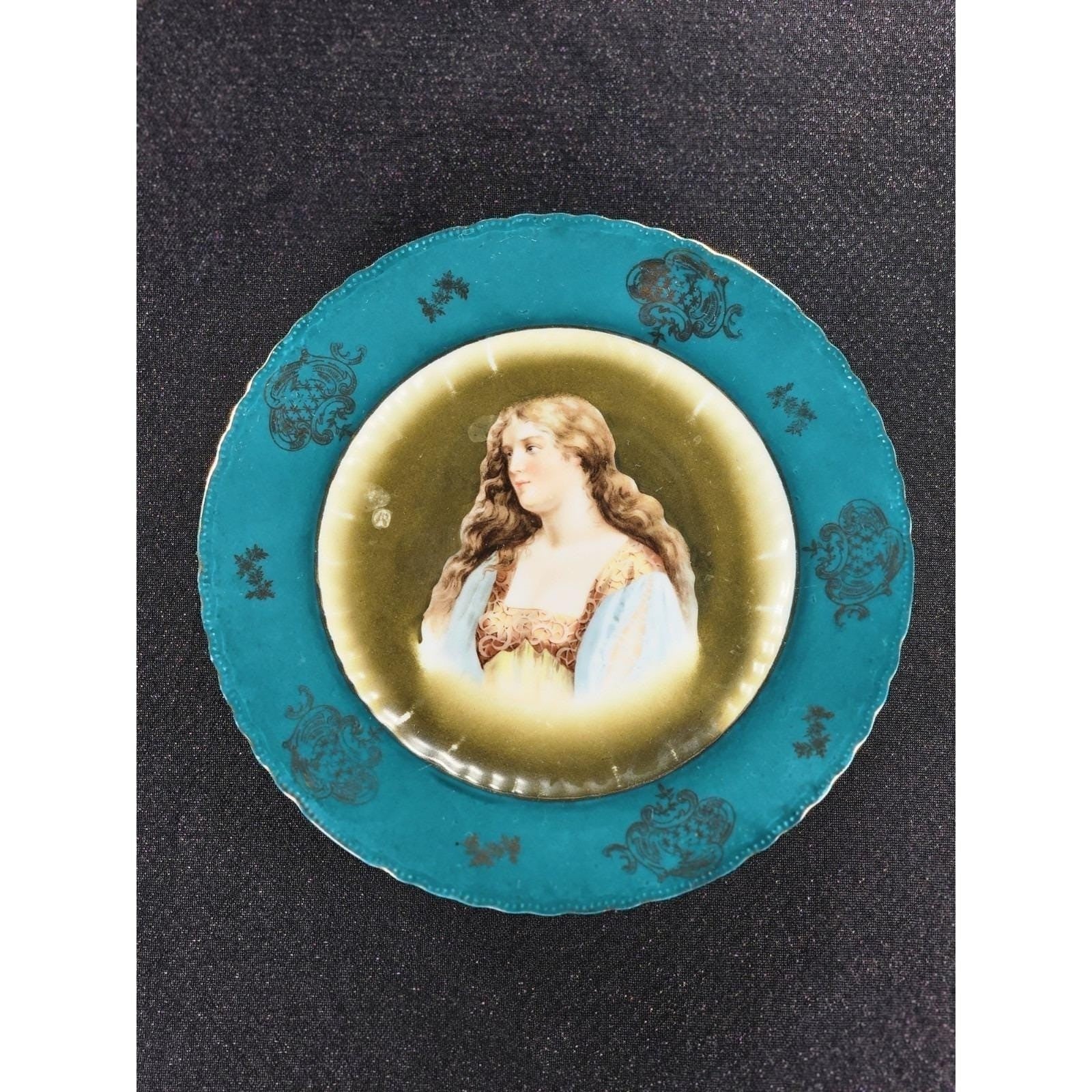 Antique Royal Vienna Porcelain Cabinet Plate Portrait Teal Olive 10 Inch