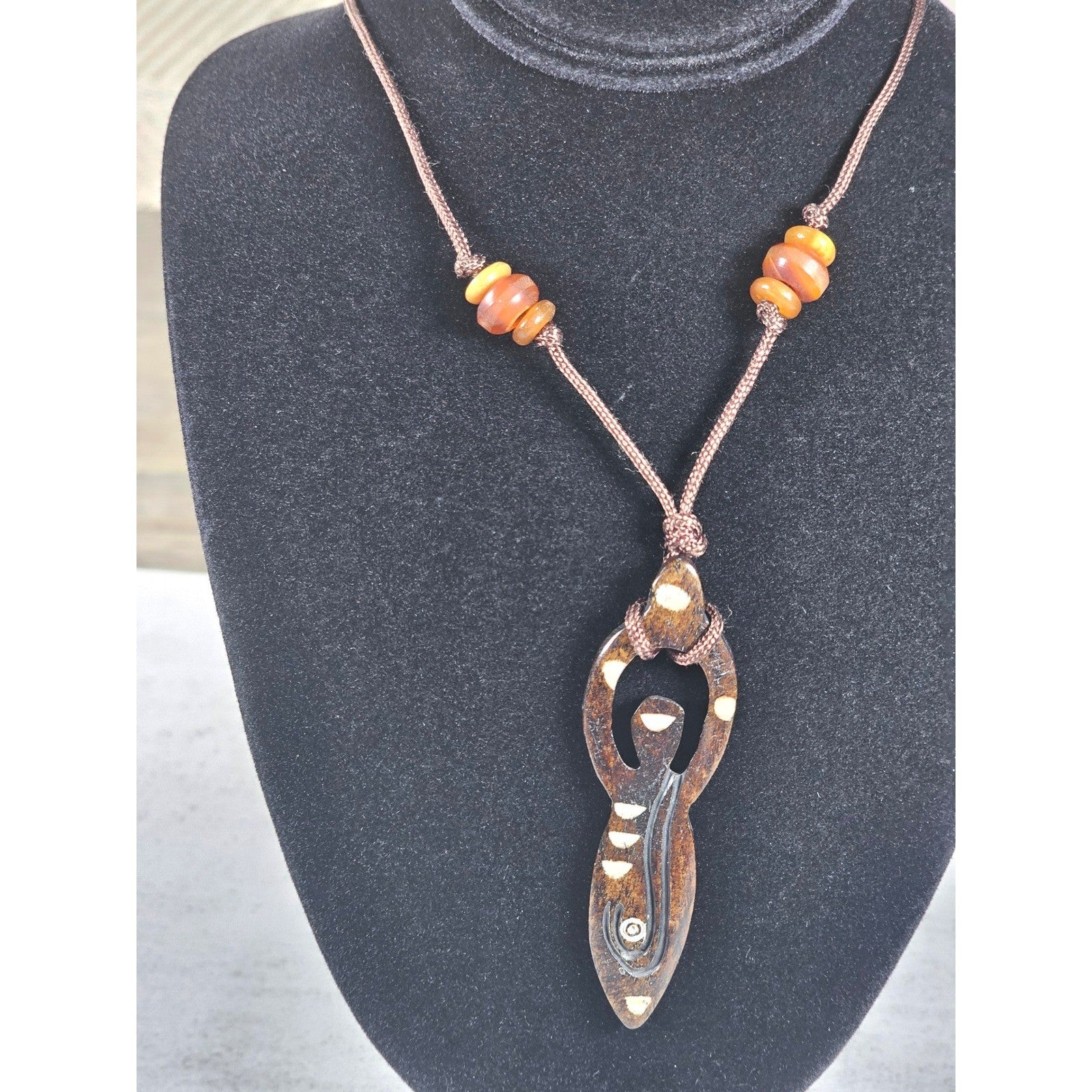 Vintage Carved Wood Pendant Necklace Beaded Cord Tribal Design