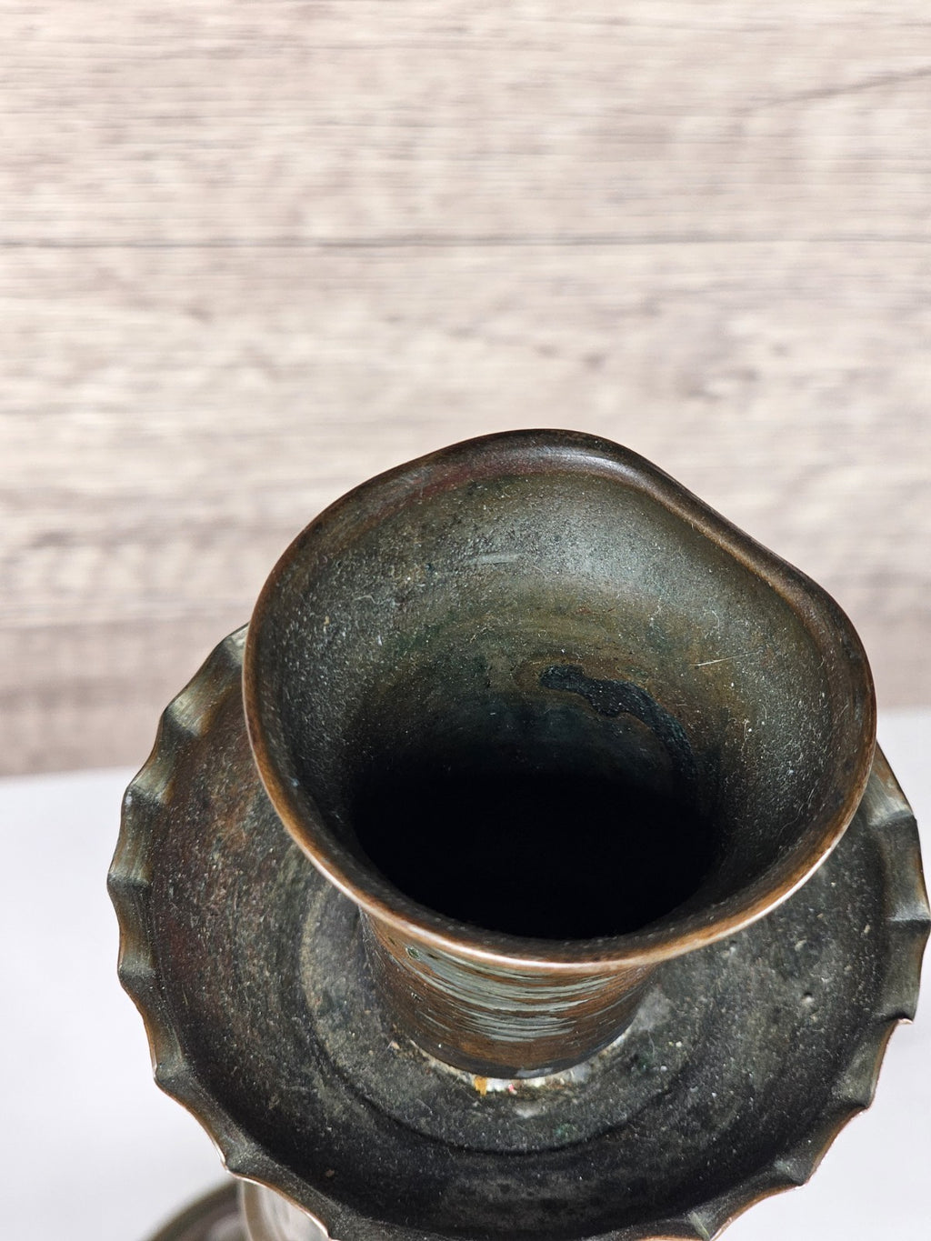 Antique Tinned Copper Candlestick Holder Ornate Embossed Design 12" Tall