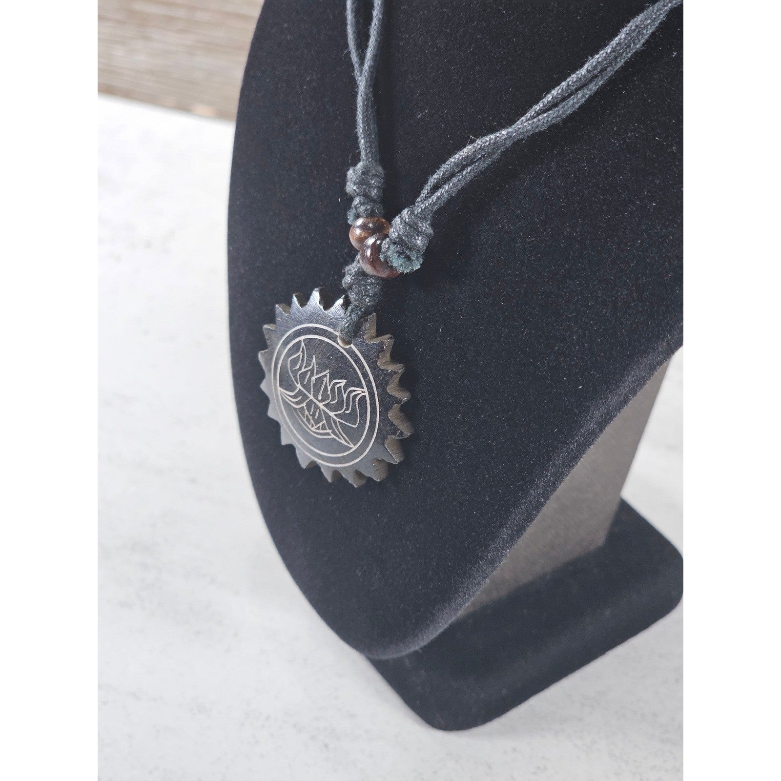 Vintage Carved Black Pendant Necklace Sunburst Lotus Design