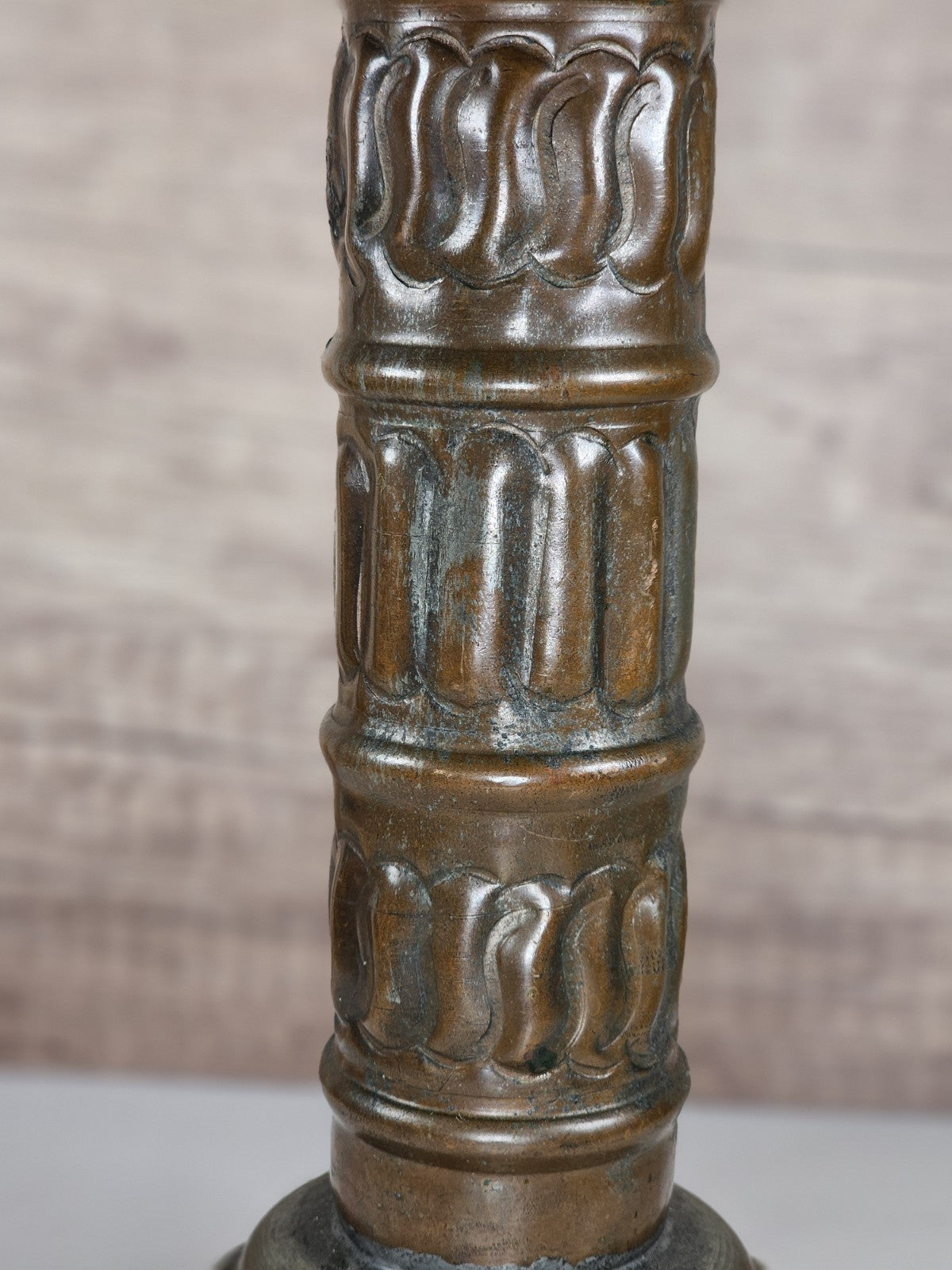 Antique Tinned Copper Candlestick Holder Ornate Embossed Design 12" Tall