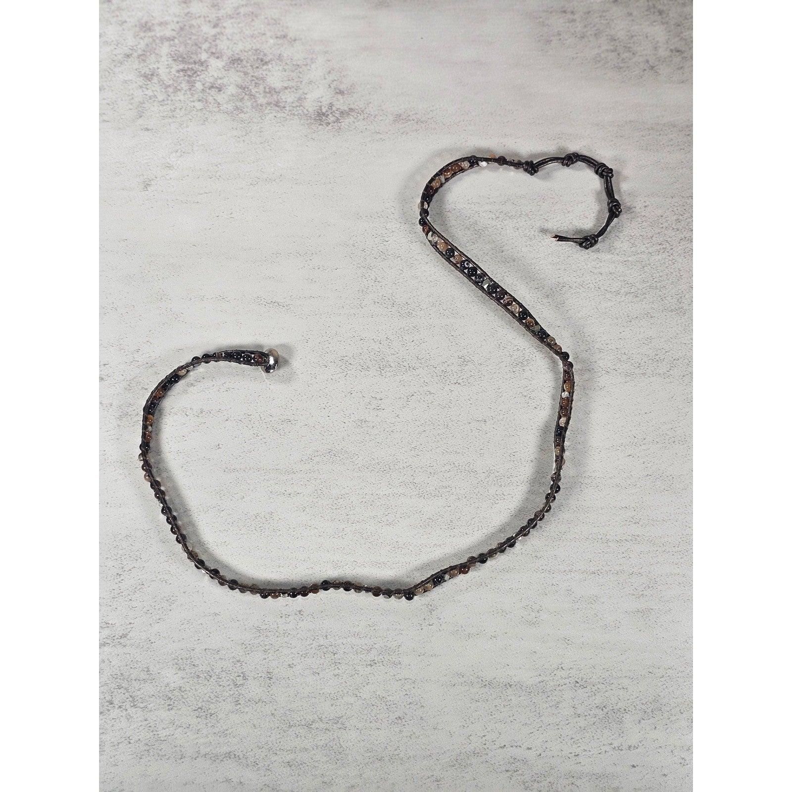 Brown Beaded Wrap Bracelet Leather Cord Multi Tone Stone Boho