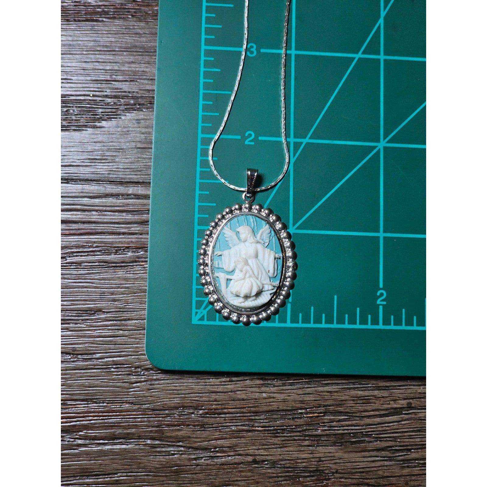 Vintage Angel Cameo Pendant Necklace Blue White Beaded Frame