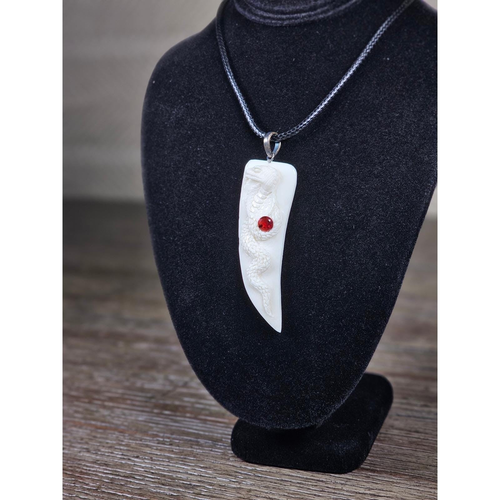 Carved Snake Fang Pendant Necklace White Tooth Style Gothic Charm 2"
