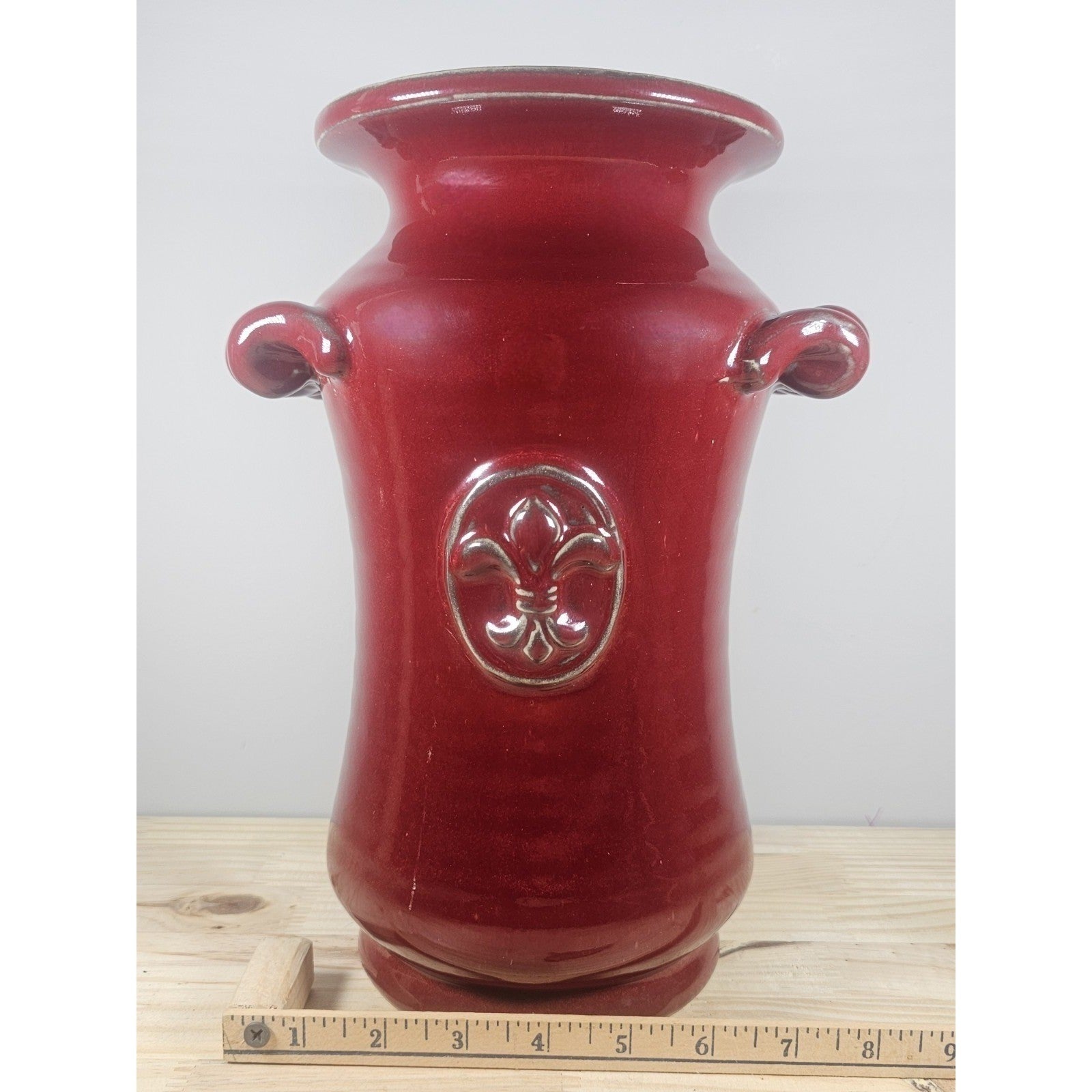 Vintage Burgundy Pottery Vase Fleur De Lis Double Handle Ceramic 11.5"