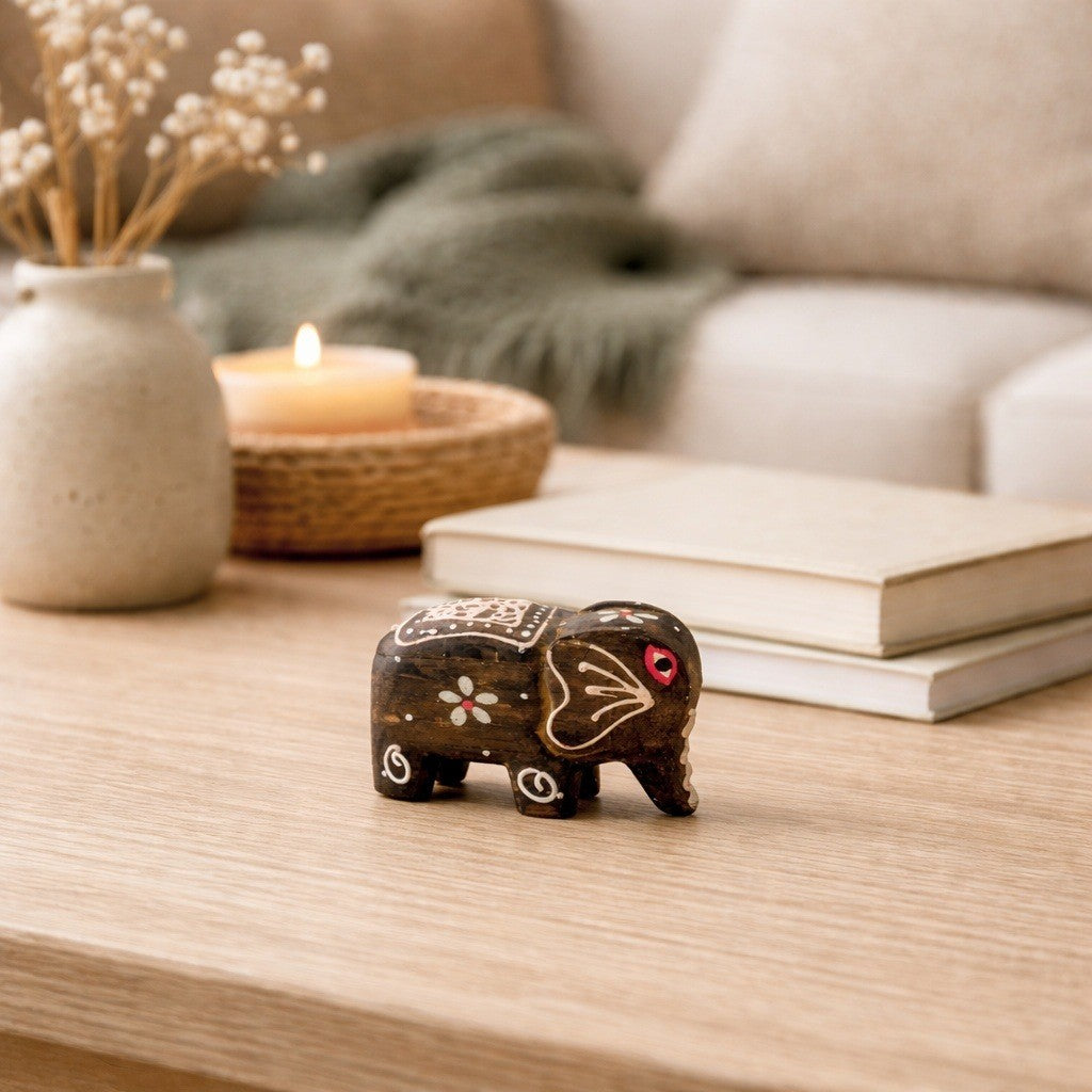 Small Wooden Hand Carved Elephant Figurine 3.5 x 2.5 Inch Decor