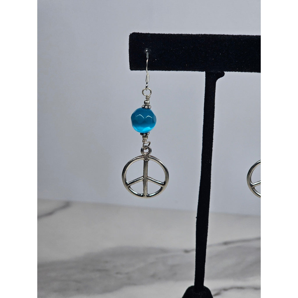 Vintage Sterling Silver Peace Sign Dangle Earrings Blue Bead .925