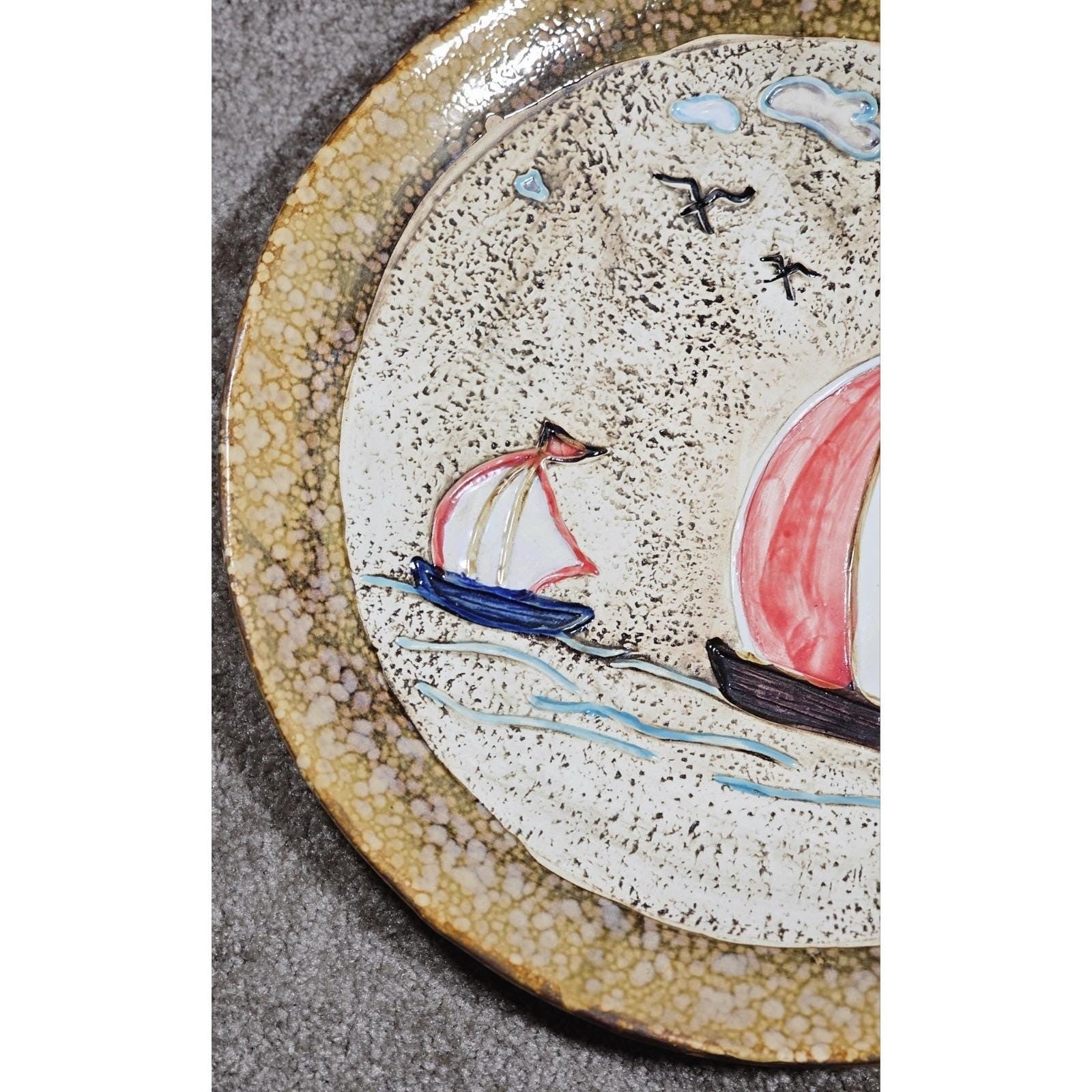 Vintage Nautical Sailboat Ceramic Plate Coastal Wall Decor 15"