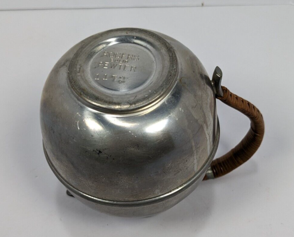 Vintage Rogers Solid Pewter Coffee Pot – Mid-Century Rattan-Handled #1172