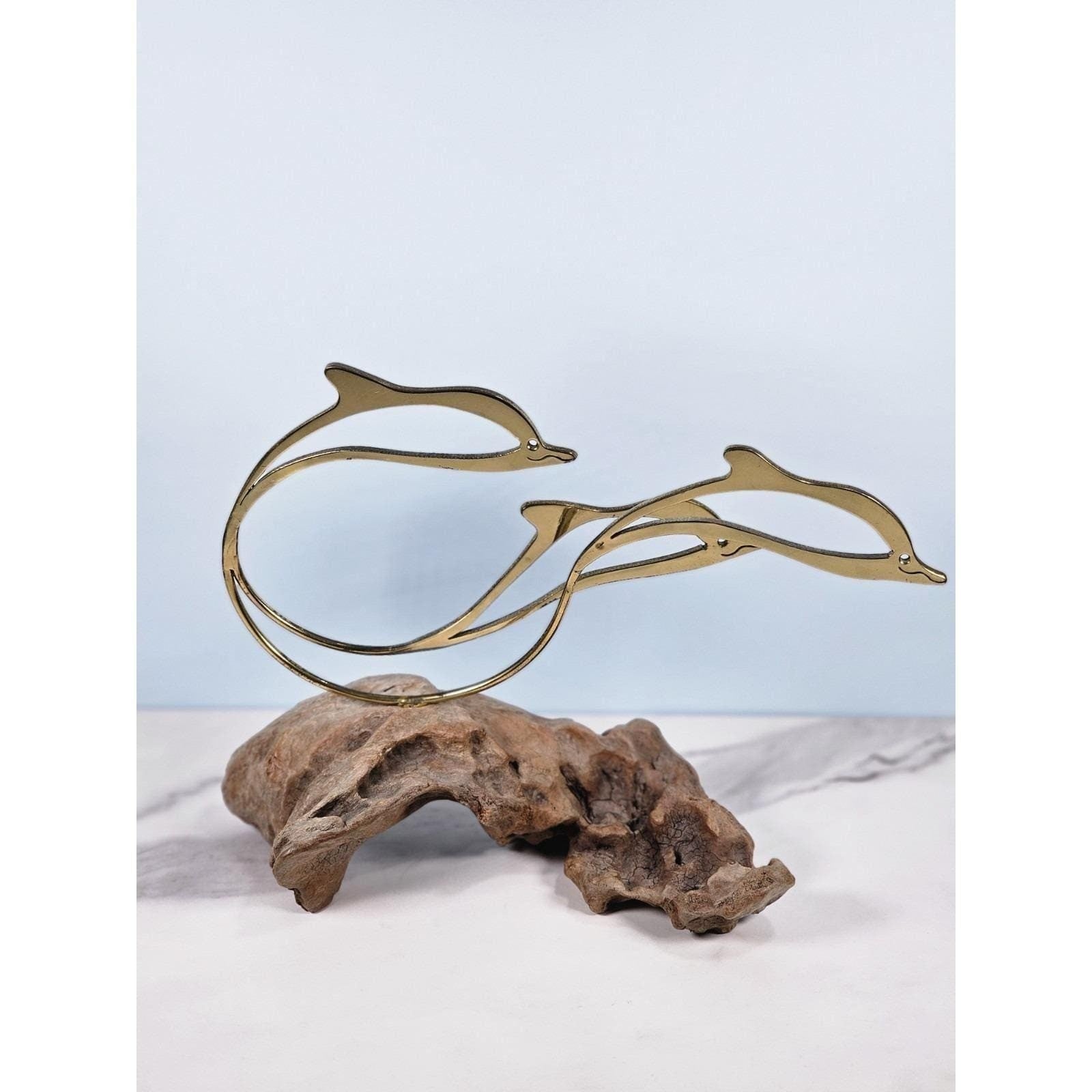 Vintage Brass Dolphin Sculpture on Driftwood Base Nautical Coastal Decor