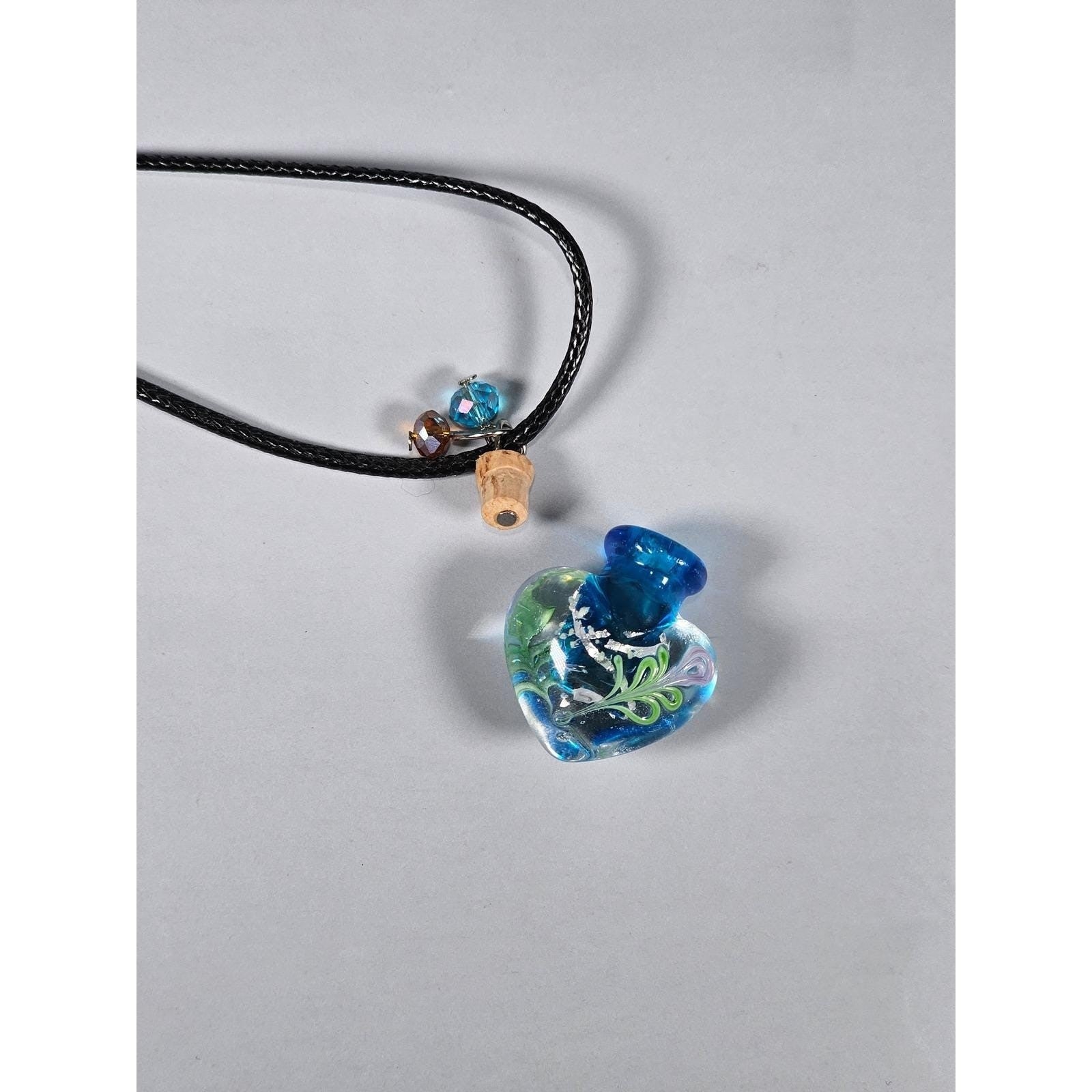 Vintage Glass Heart Bottle Pendant Necklace with Black Cord