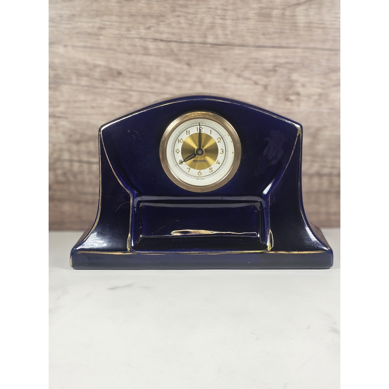 Mercedes Wind Up Clock Germany Blue Ceramic Mantel Clock