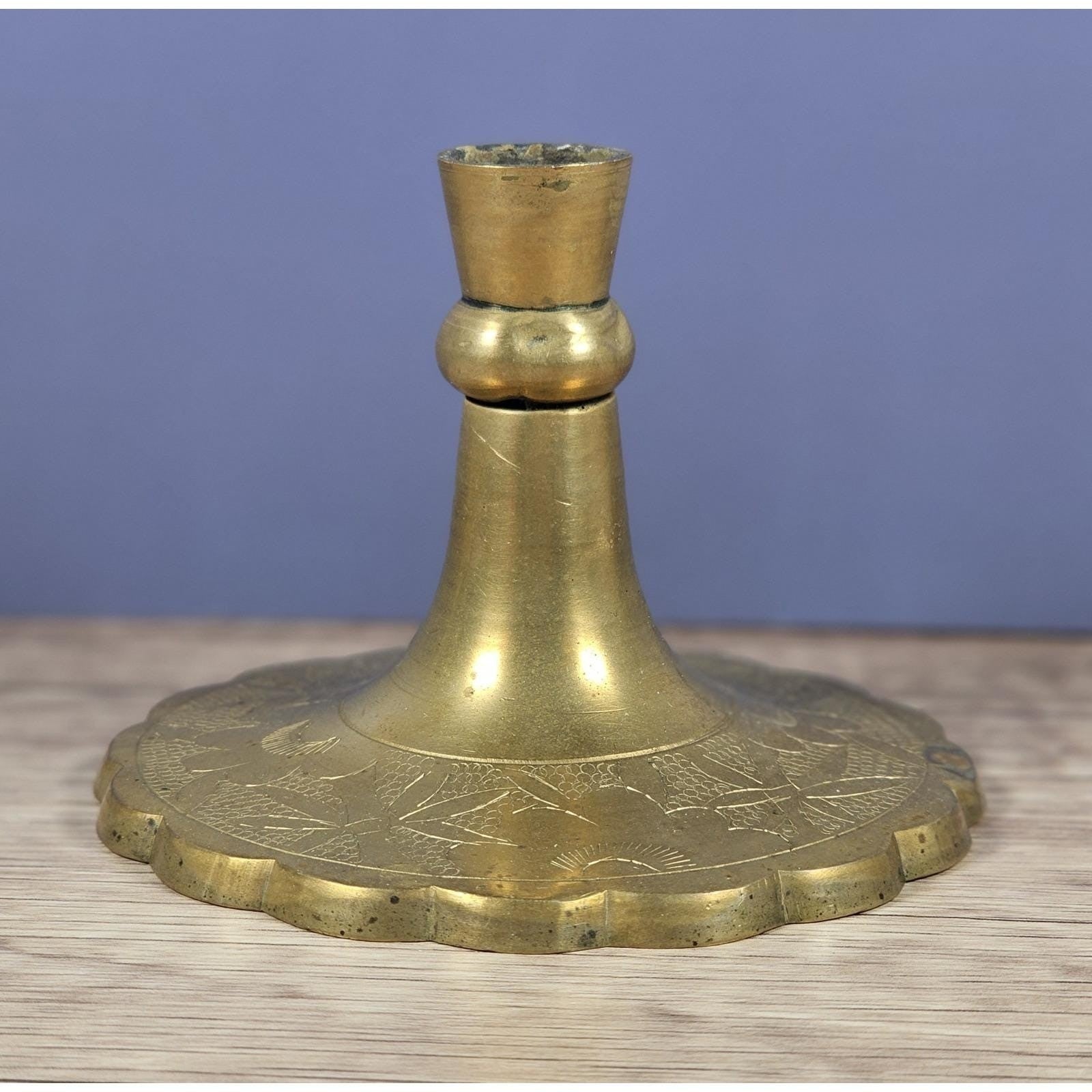 Vintage Brass Candlestick Holder Floral Poppy Engraved Scalloped Base