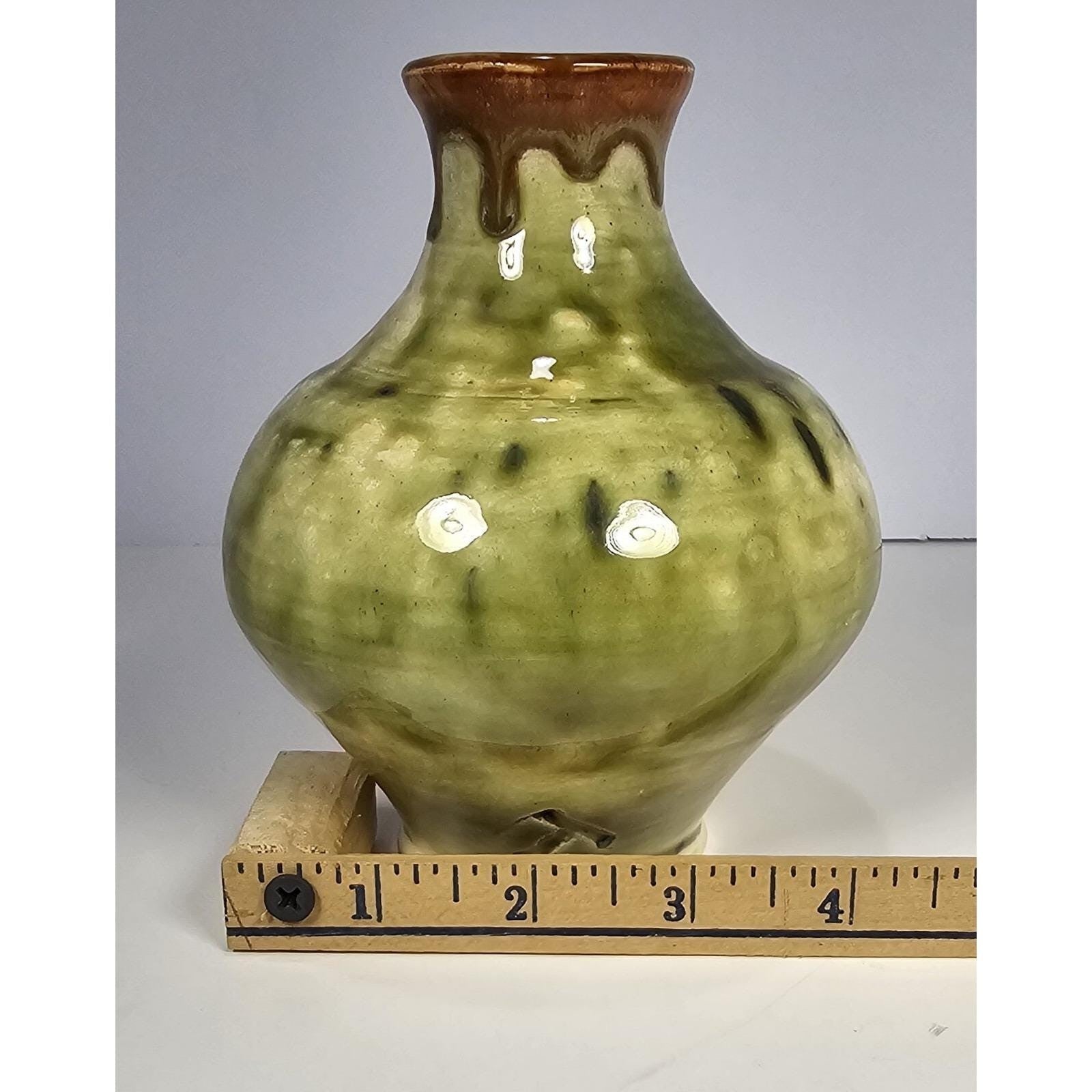Green & Brown Drip-Glaze Pottery Vase • 5″ x 4.5″ Rustic Earth-Tone