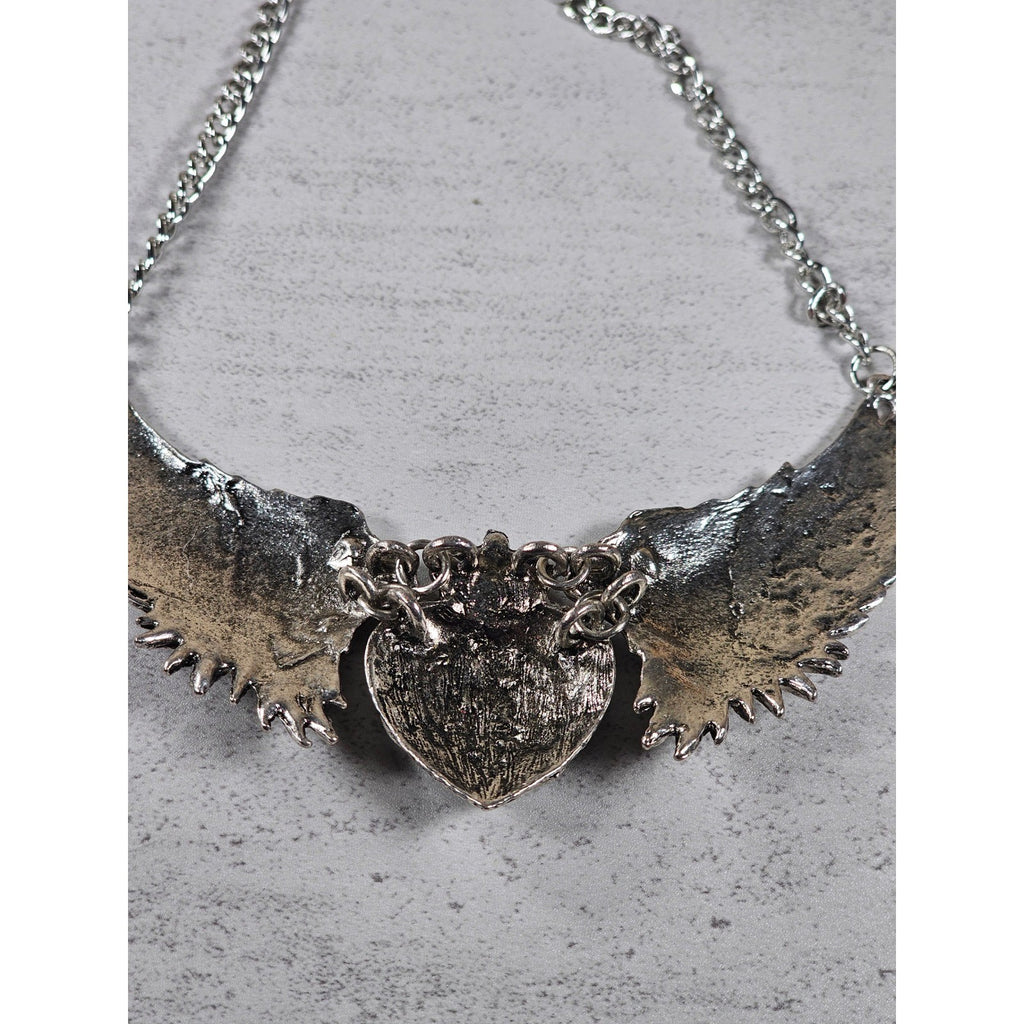 Vintage Winged Heart Rhinestone Necklace Silver Tone Statement