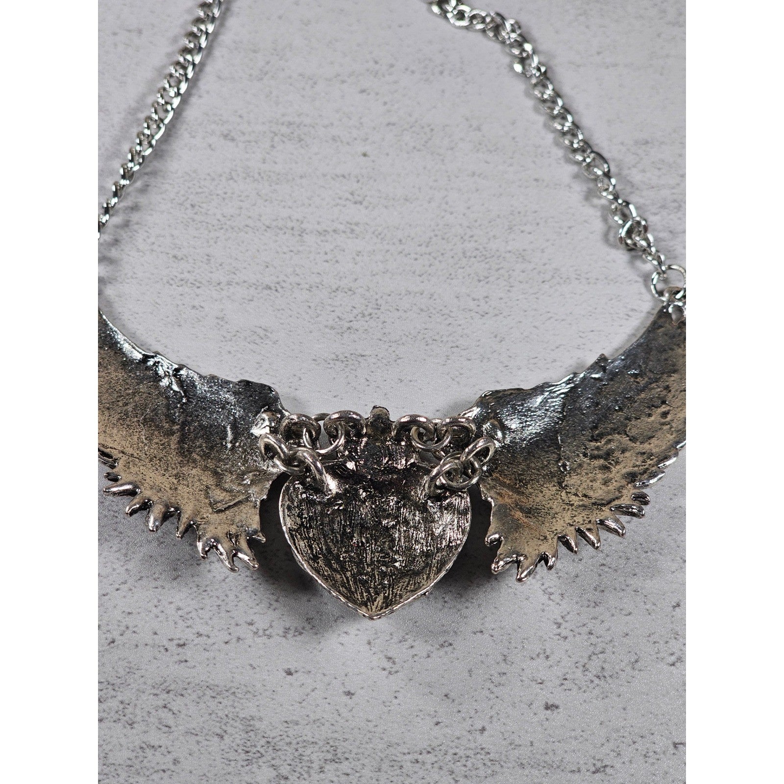 Vintage Winged Heart Rhinestone Necklace Silver Tone Statement