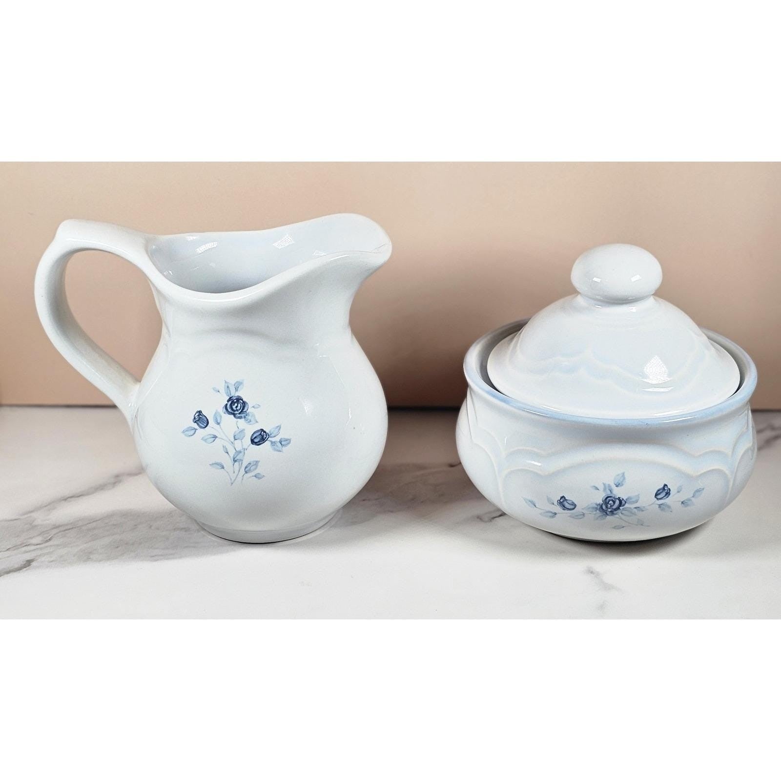 Vintage Pfaltzgraff Blue Rose Creamer and Sugar Bowl Stoneware Set