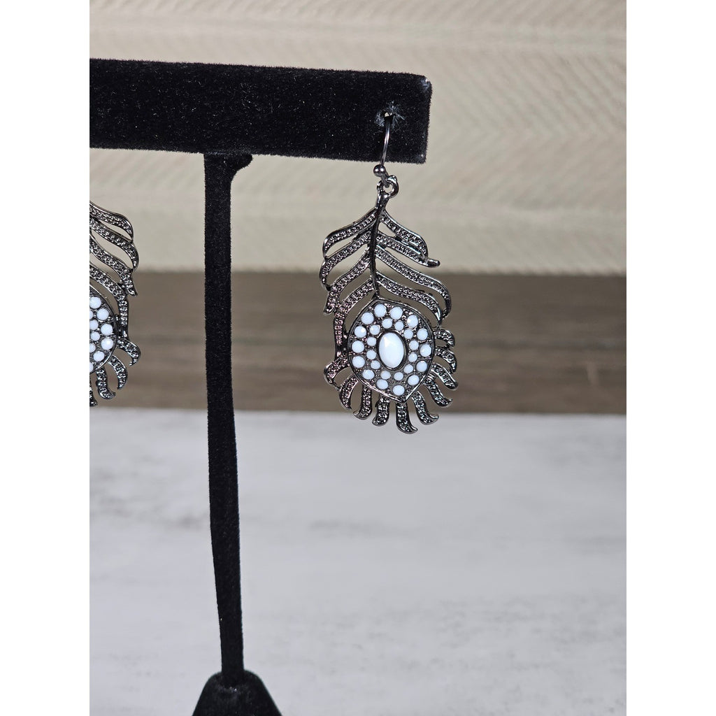 Vintage Feather Dangle Earrings White Cabochon Boho Drop