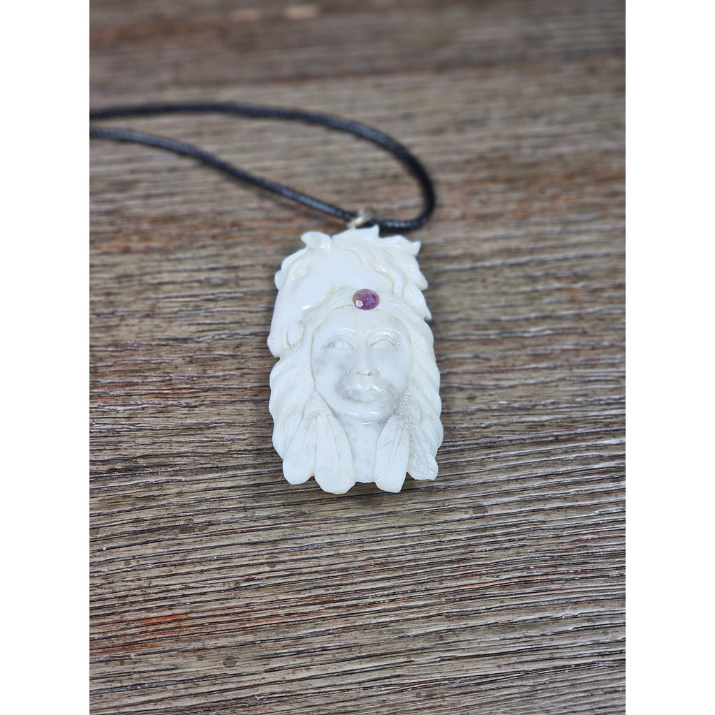 Vintage Buffalo Bone Carved Pendant Necklace Native Style 2.5 Inch