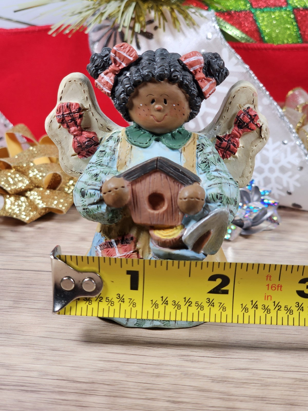 Vintage 90s Angel Figurine Holding Birdhouse 3"