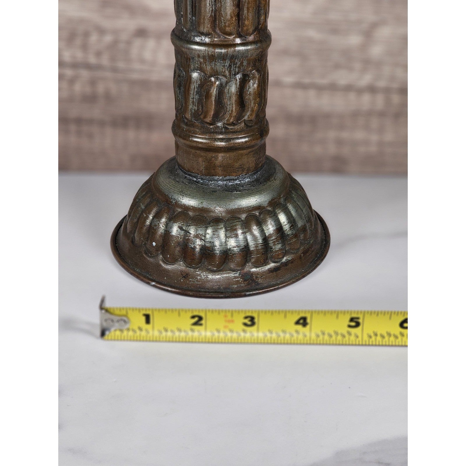 Antique Tinned Copper Candlestick Holder 12" Embossed Design