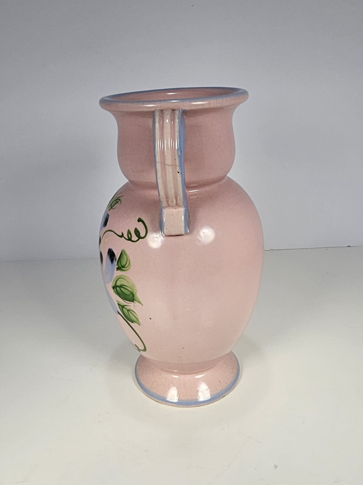 Vintage Hand-Painted Floral Ceramic Vase With Dual Blue Handles & Pink Crackle