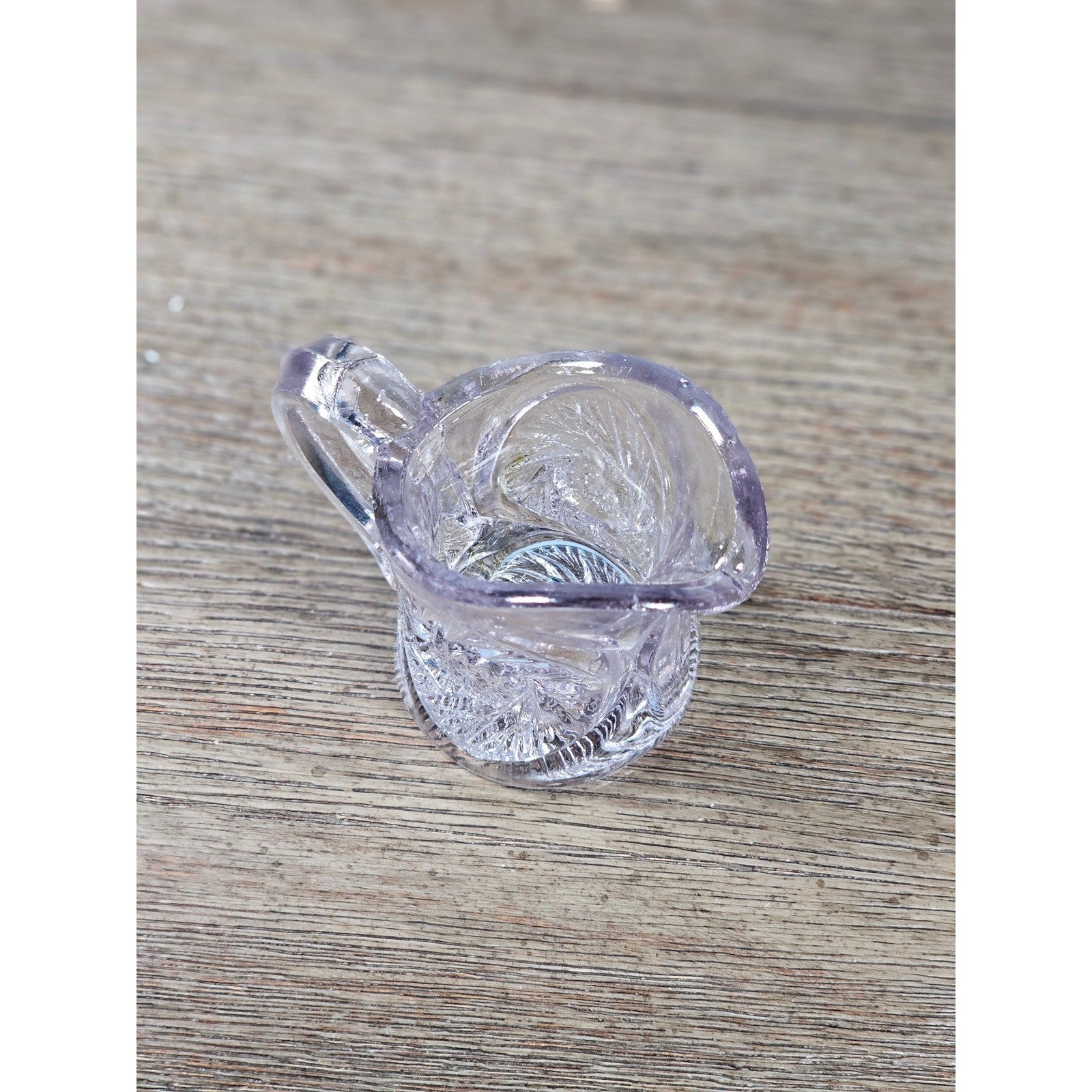 Vintage Cut Glass Mini Creamer Pitcher Starburst Swirl Chipped Rim 2.3in