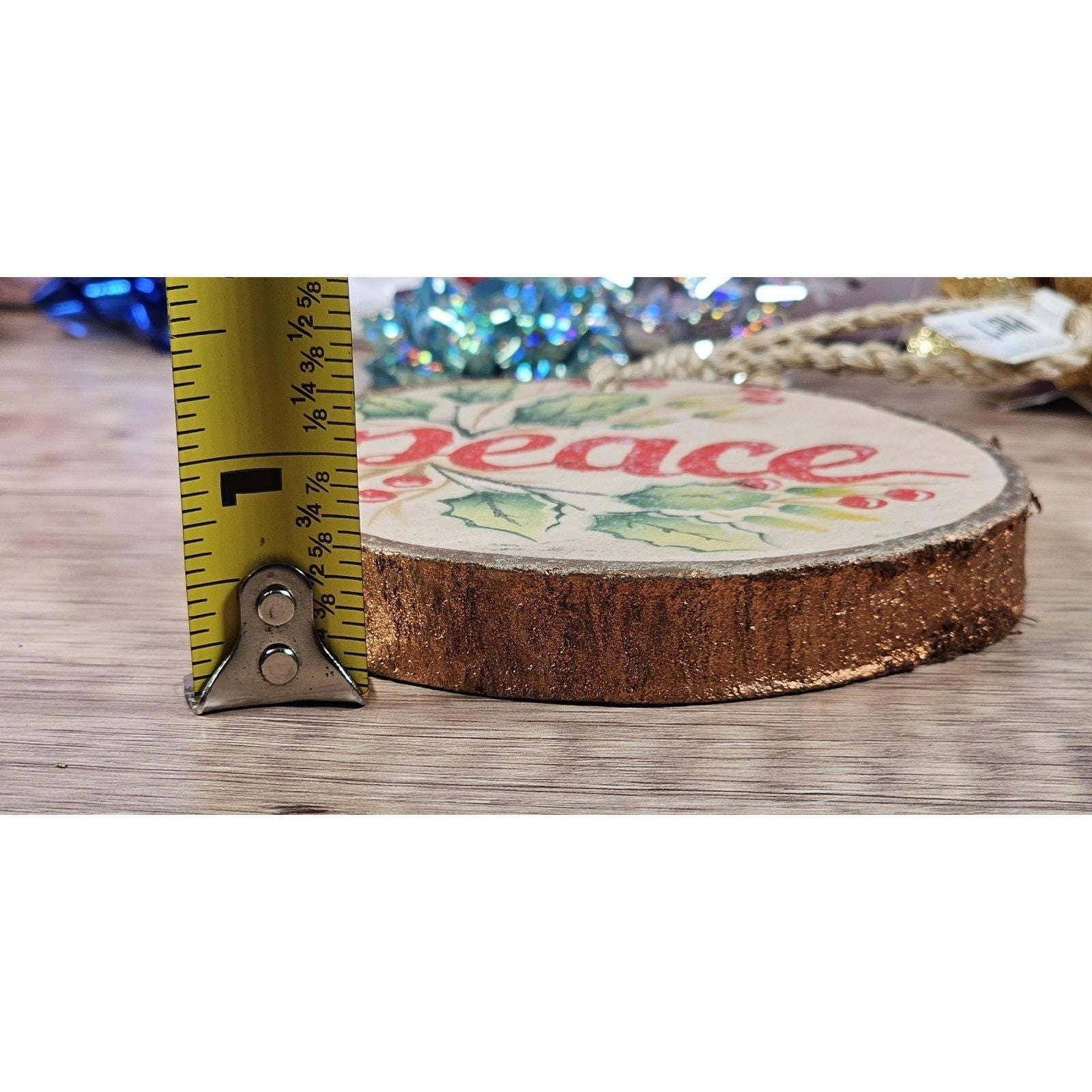 Rustic Wood Slice Ornament Peace Holly Berries Christmas Decor