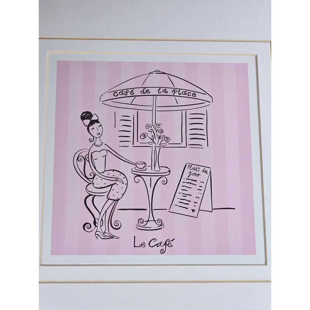 Vintage French Café Framed Art Print Pink Bistro Illustration 13x13
