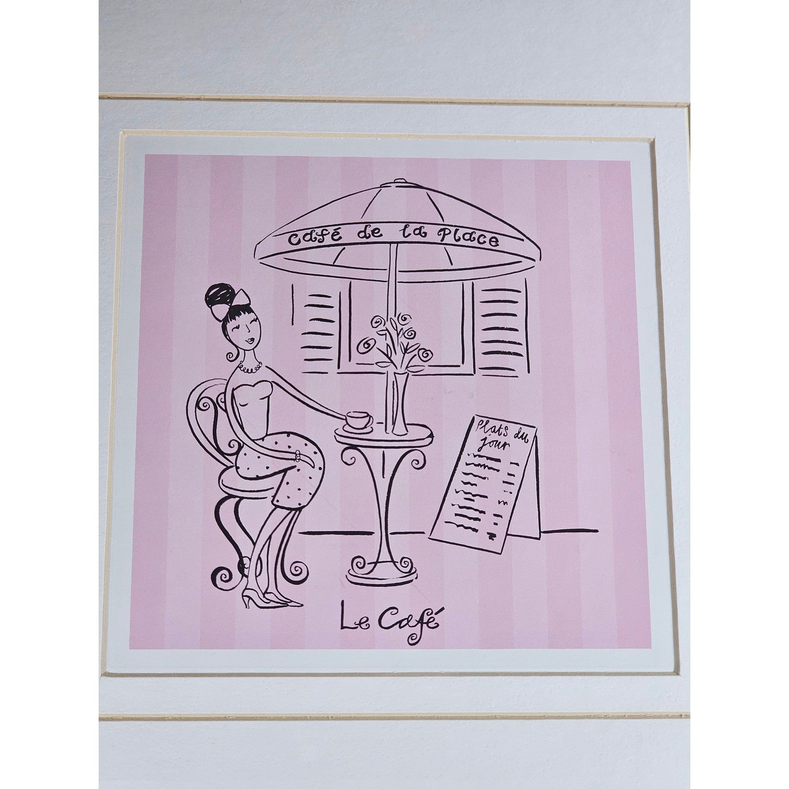 Vintage French Café Framed Art Print Pink Bistro Illustration 13x13