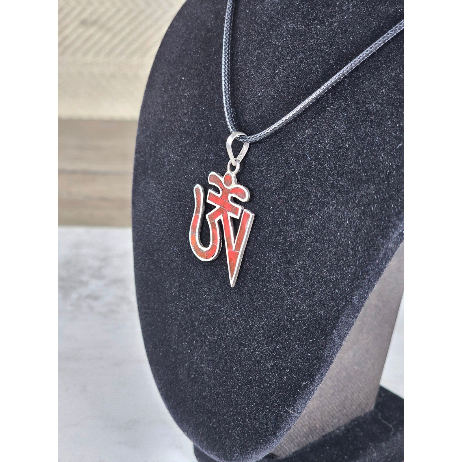 Vintage Sterling Silver Om Pendant Necklace Red Inlay Symbol