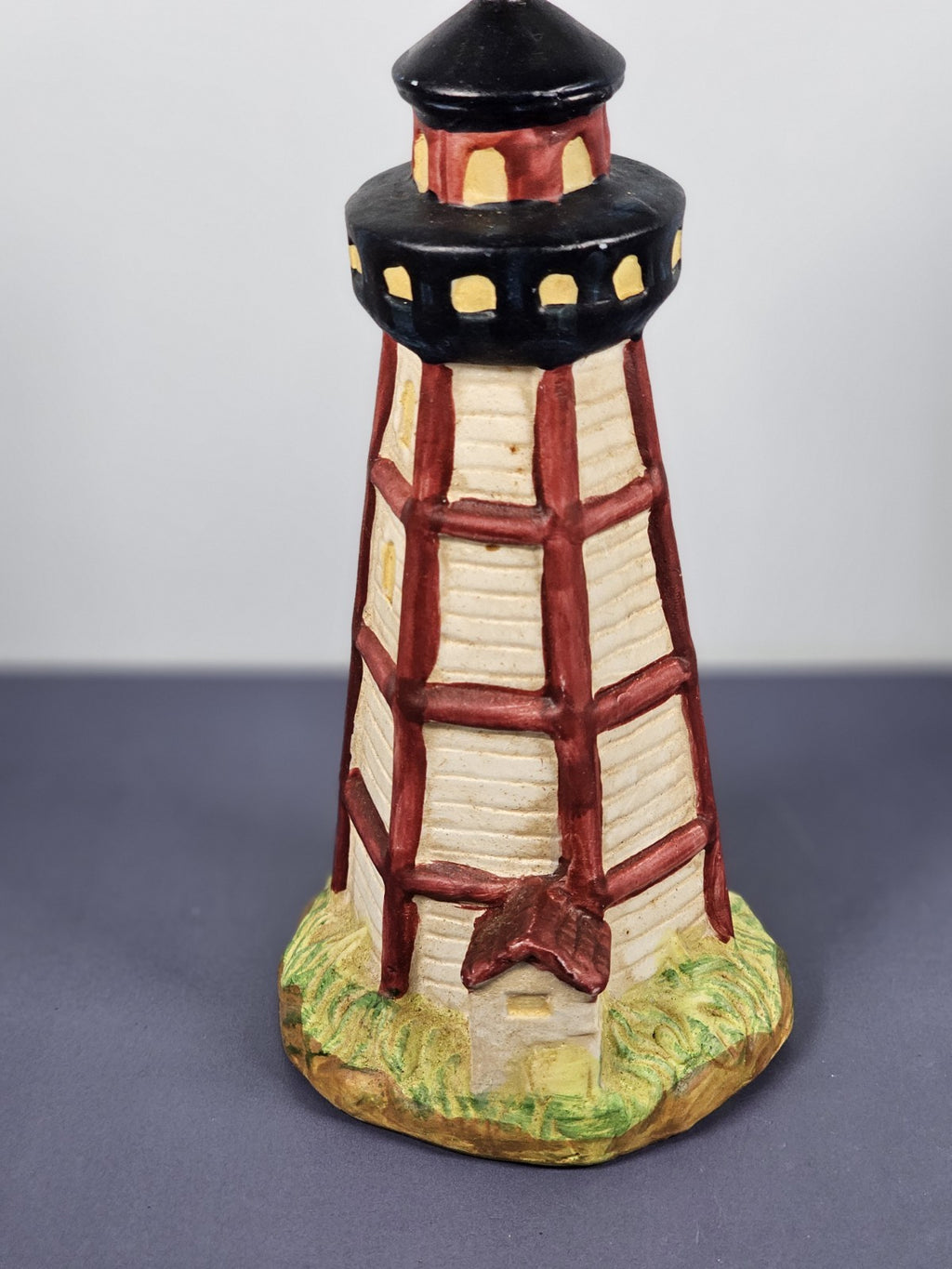 Vintage Ks Collection Beige Wood Design Red Stripe Design Lighthouse 6" Tall C