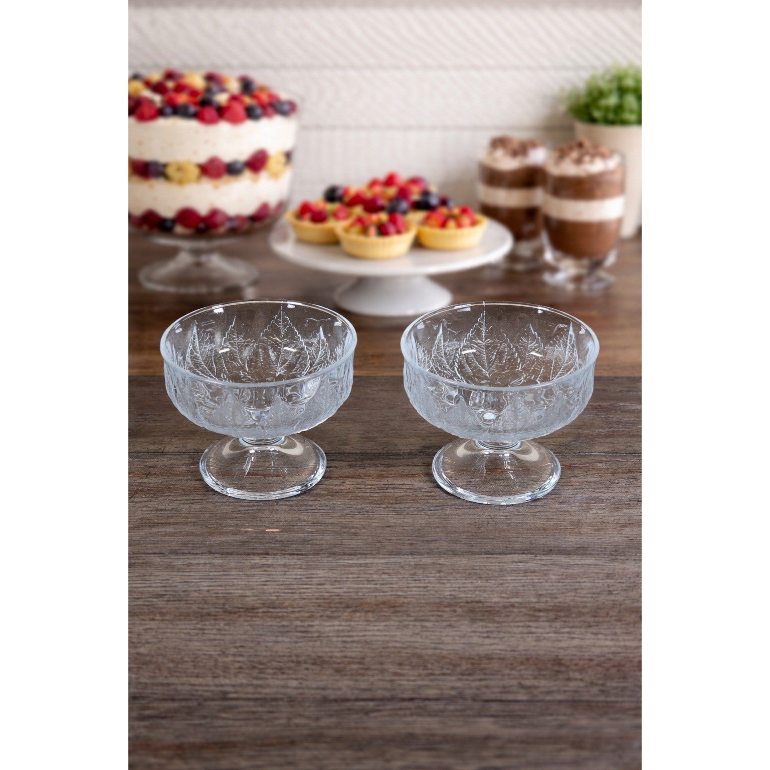 Vintage Pressed Glass Dessert Cups Set of 2 Leaf and Flower Footed Bowls