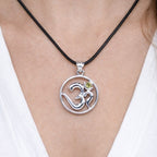 Vintage Sterling Silver Om Pendant with Green Stone Accent