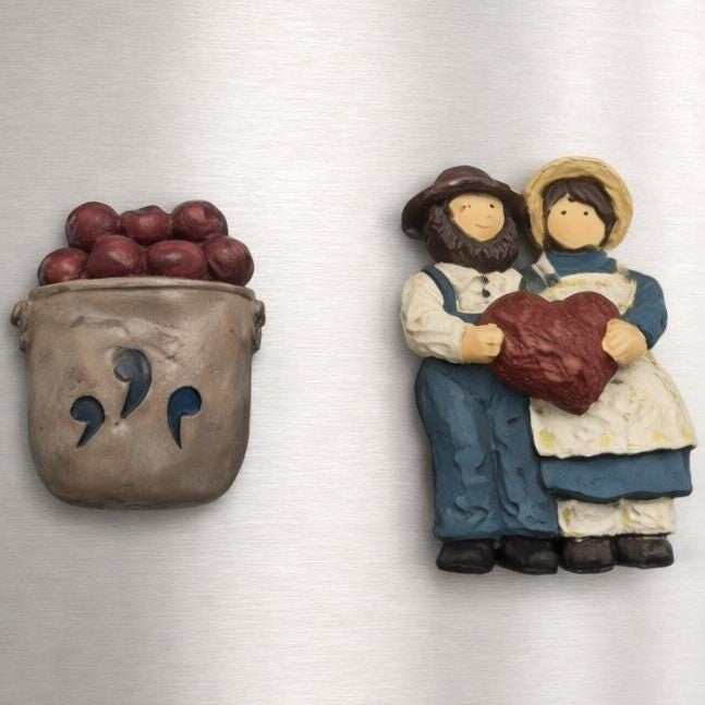 Vintage Resin Magnet Set Man Woman Heart Apple Sack Fridge Magnets