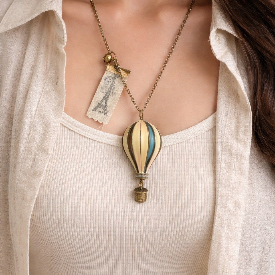 Vintage Hot Air Balloon Necklace Paris Eiffel Tower Charm Long Chain