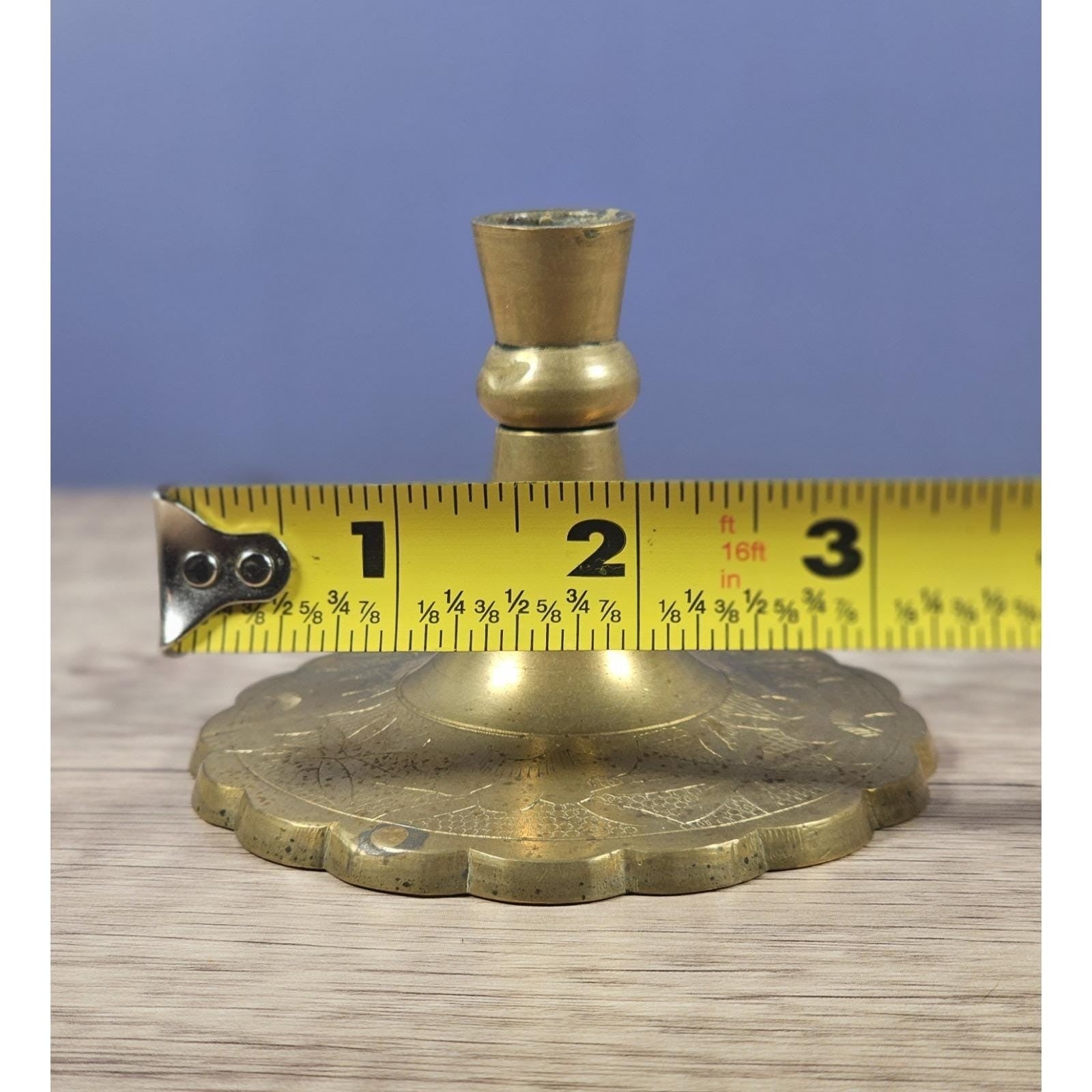 Vintage Brass Candlestick Holder Floral Poppy Engraved Scalloped Base