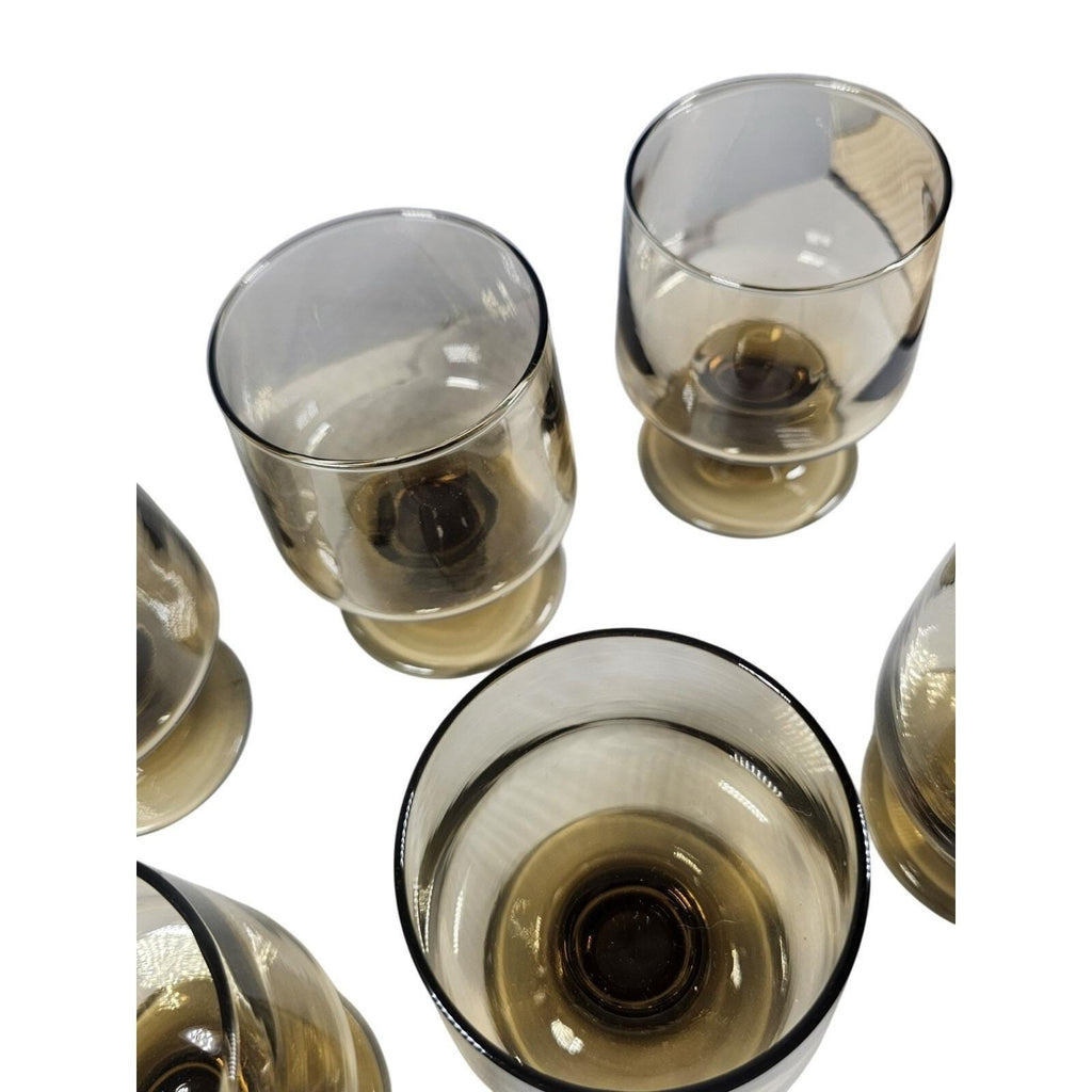 Mid Century Smokey Glass Goblets Set of 6 Vintage Footed Wine Glasses