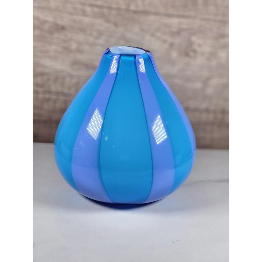 Hand Blown Cased Glass Vase Blue Purple Striped Circus Tent Pattern