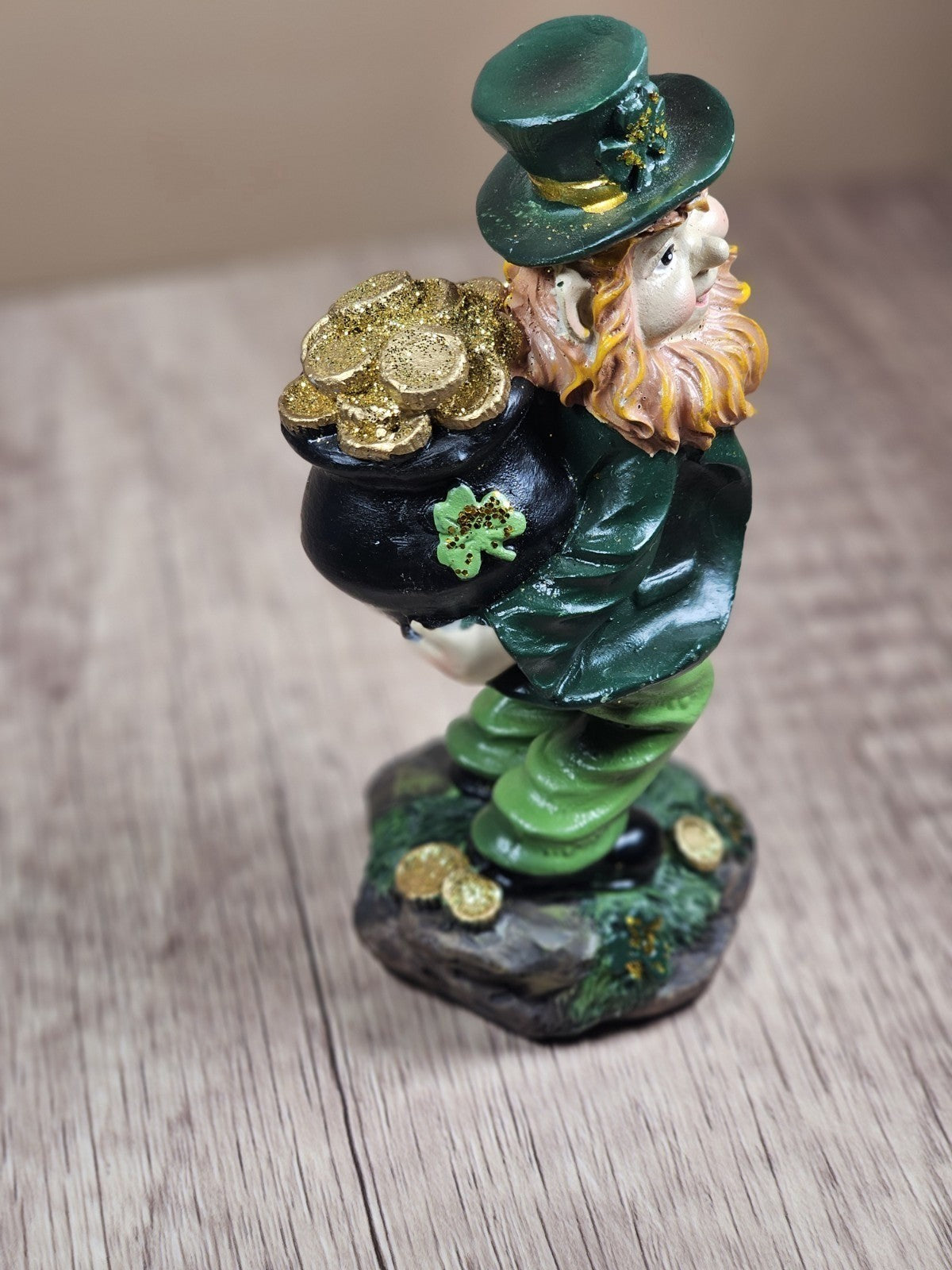 Saint Patricks Day Ceramic Leprechaun Figurine Holding Pot Of Gold Glittered