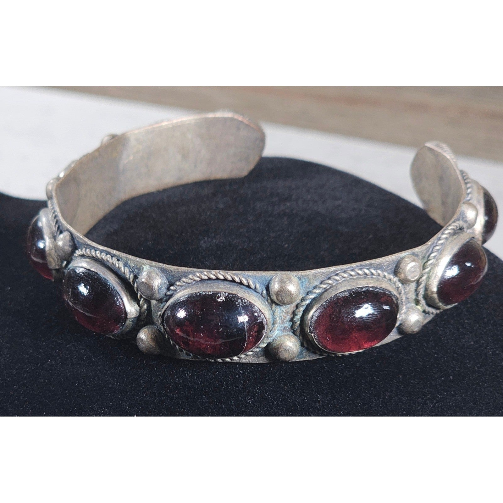 Vintage Red Cabochon Cuff Bracelet Silver Tone Boho