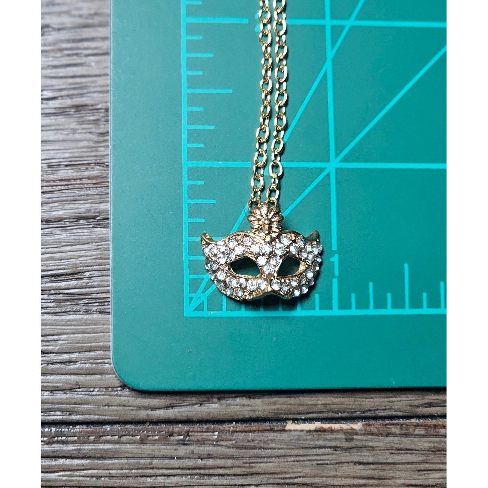 Mardi Gras Mask Necklace Earrings Set Gold Tone Rhinestone