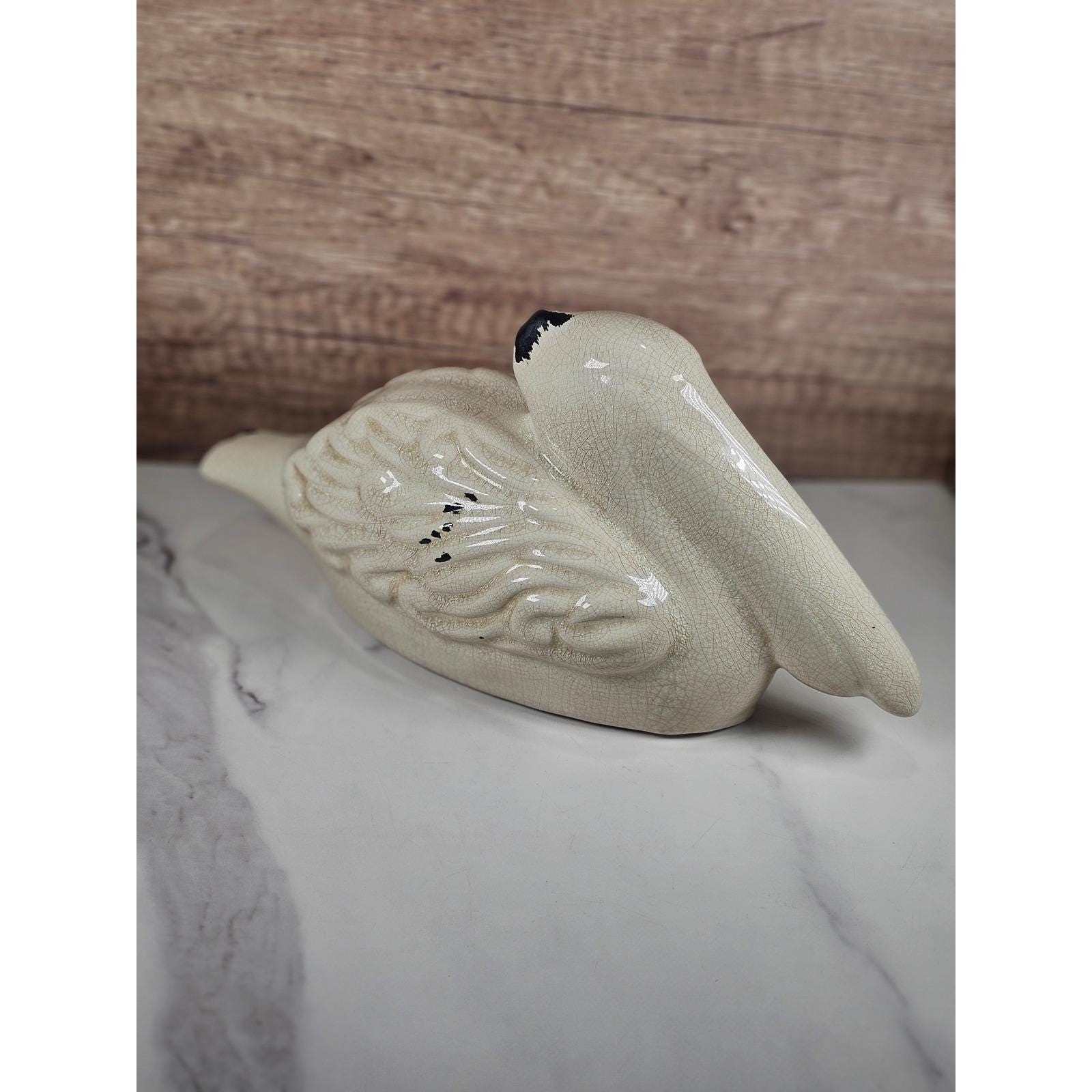 Vintage Ceramic Pelican Figurine Crackle Glaze Black Accents Decorative Bird