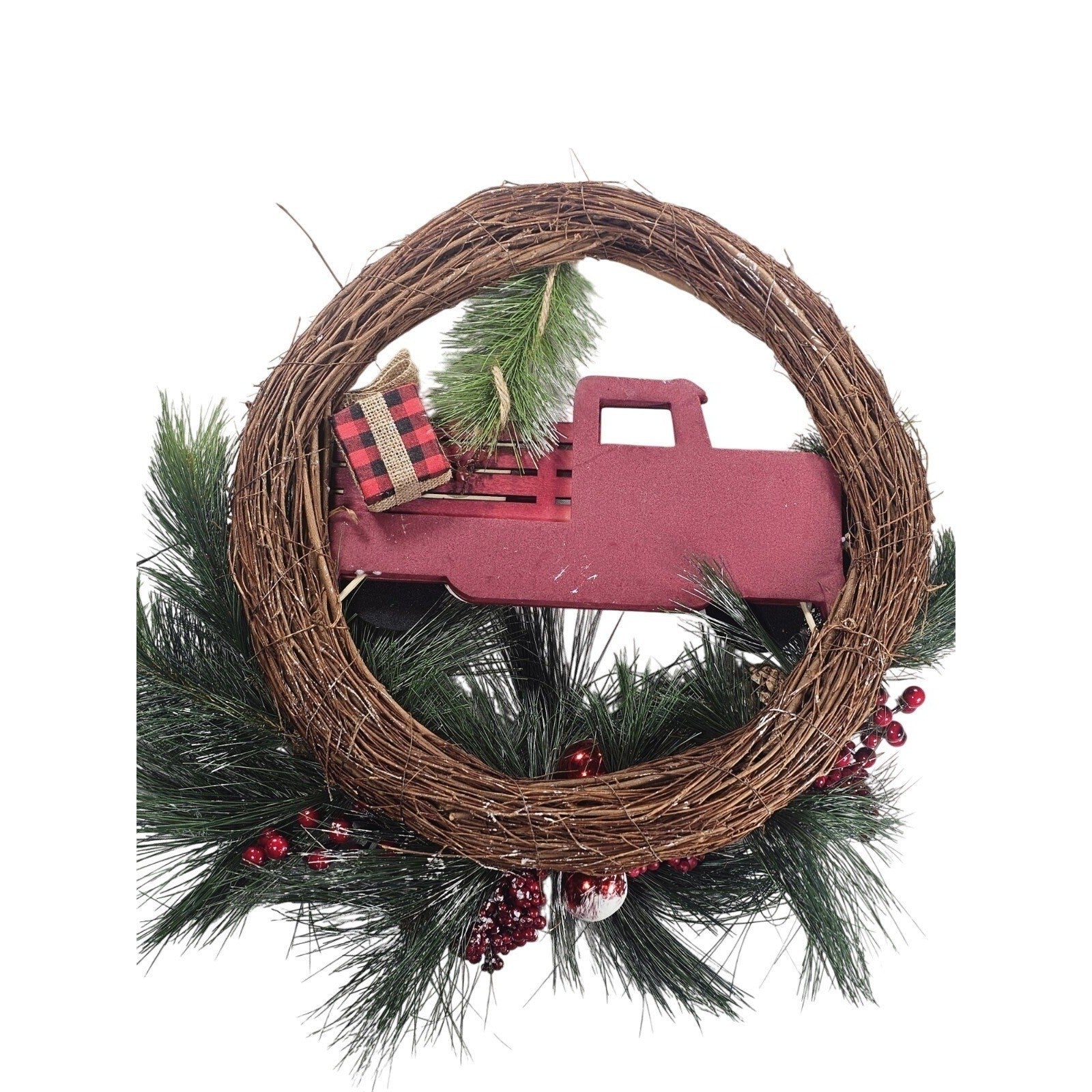 Rustic Red Truck Christmas Wreath Pinecones Berries Farmhouse Holiday Decor